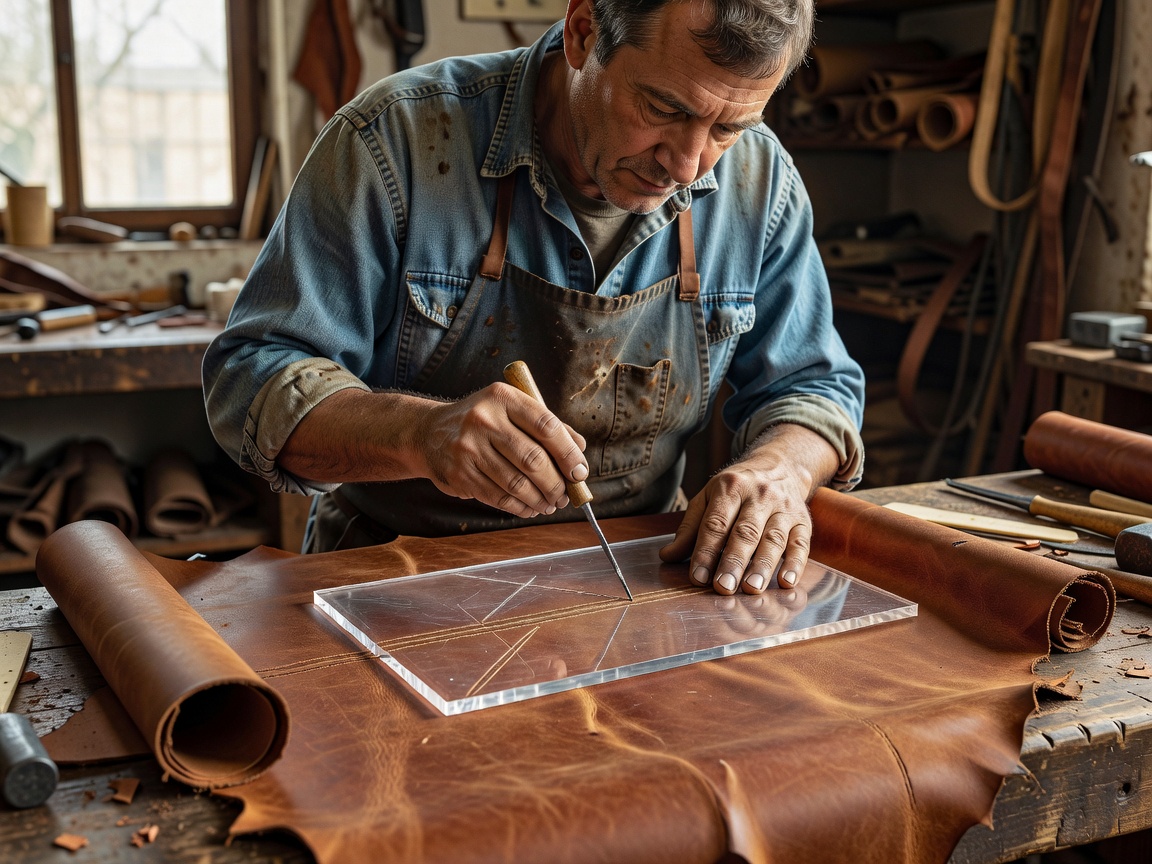 A craftsman using an acrylic template and a scratch awl to trace lines onto a large piece of leather