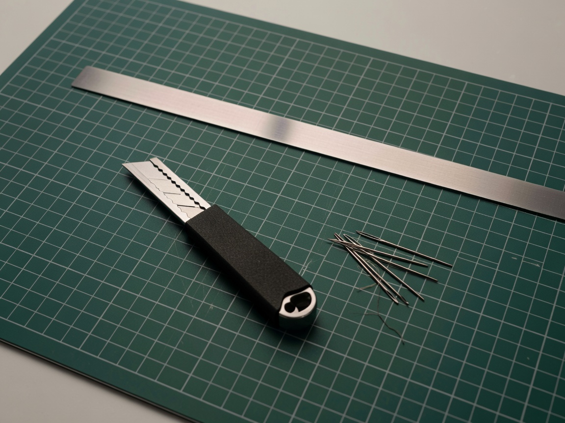 A self-healing cutting mat covered with a utility knife, a steel ruler, and several hand-stitching needles