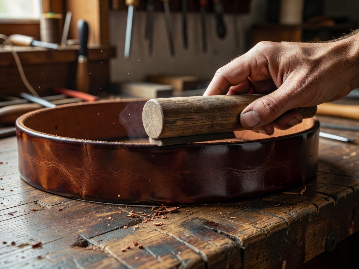 A wooden edge slicker being applied to the dyed edge of a leather belt