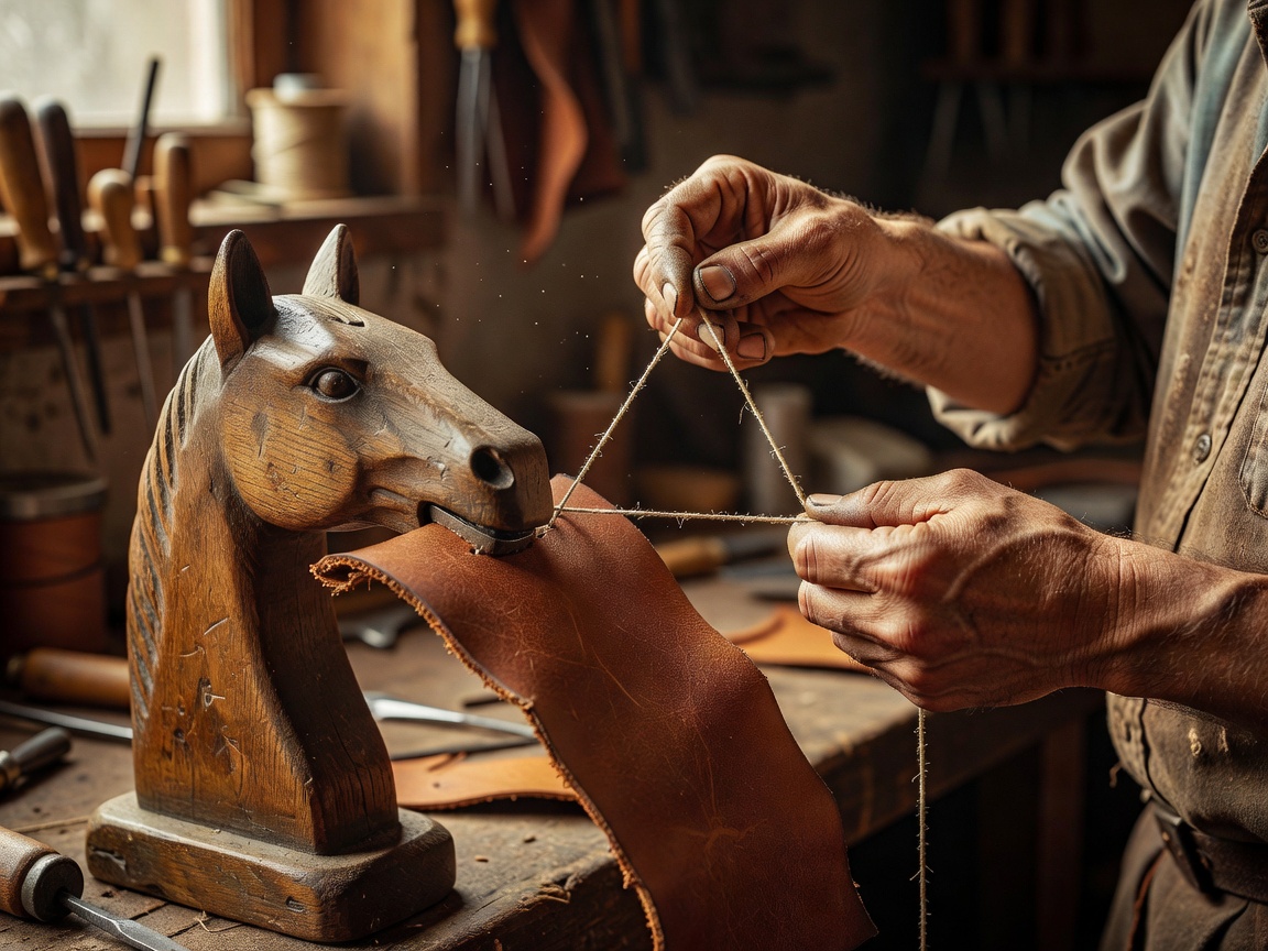 A wooden stitching pony clamping a piece of leather while a craftsman pulls two threads tight