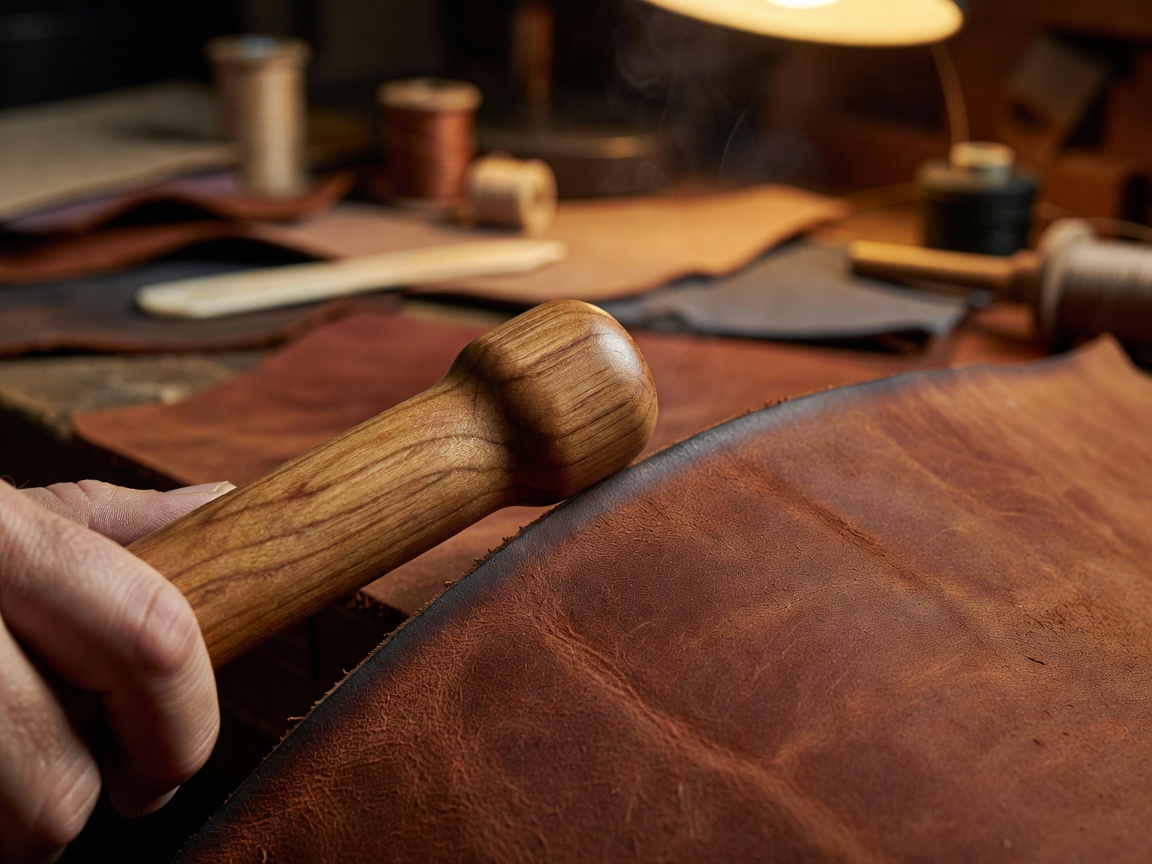 Close-up of a wooden burnishing tool rubbing against the edge of a thick piece of dyed leather