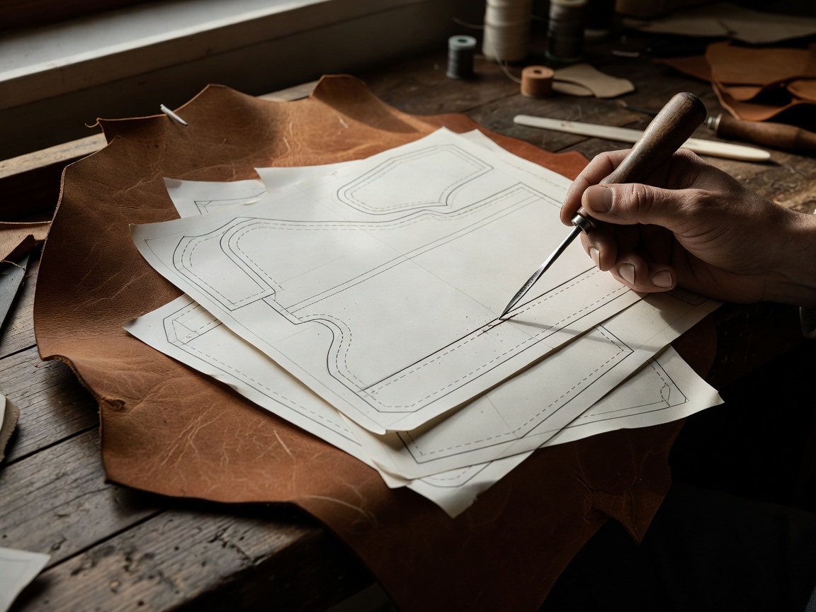 Paper patterns laid out over a side of leather with a scratch awl mapping the cuts