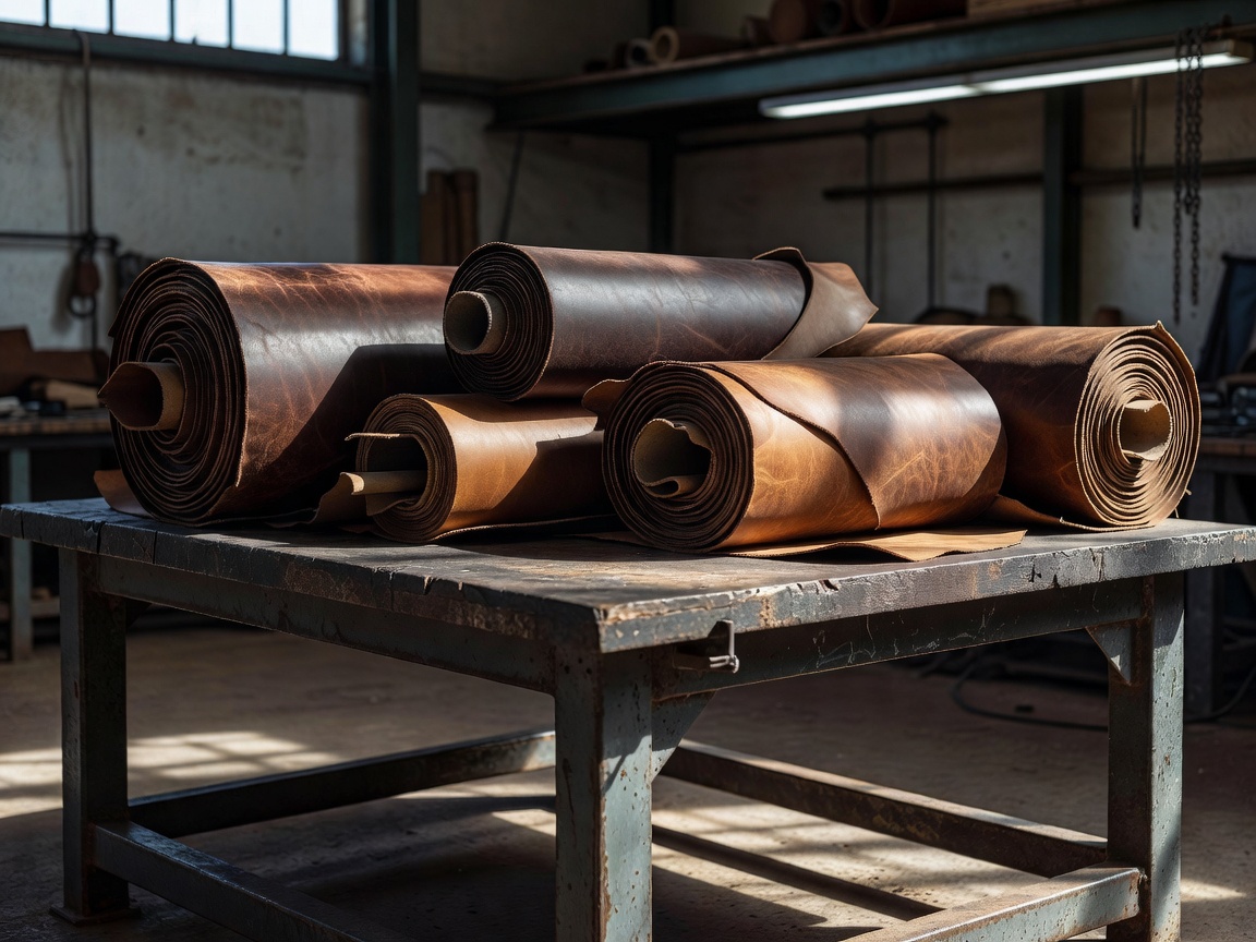 Several large rolls of brown and tan leather resting on a heavy industrial table
