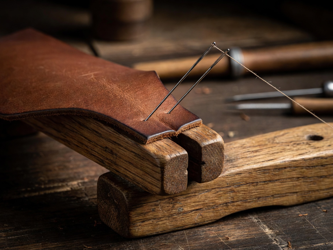 Two needles passing through a piece of leather held in a wooden stitching pony