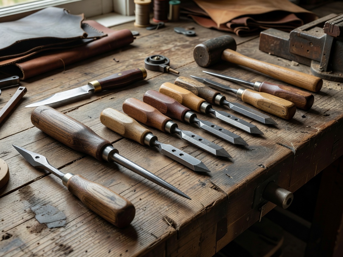 Various leatherworking tools including an awl and diamond chisels arranged on a wooden bench